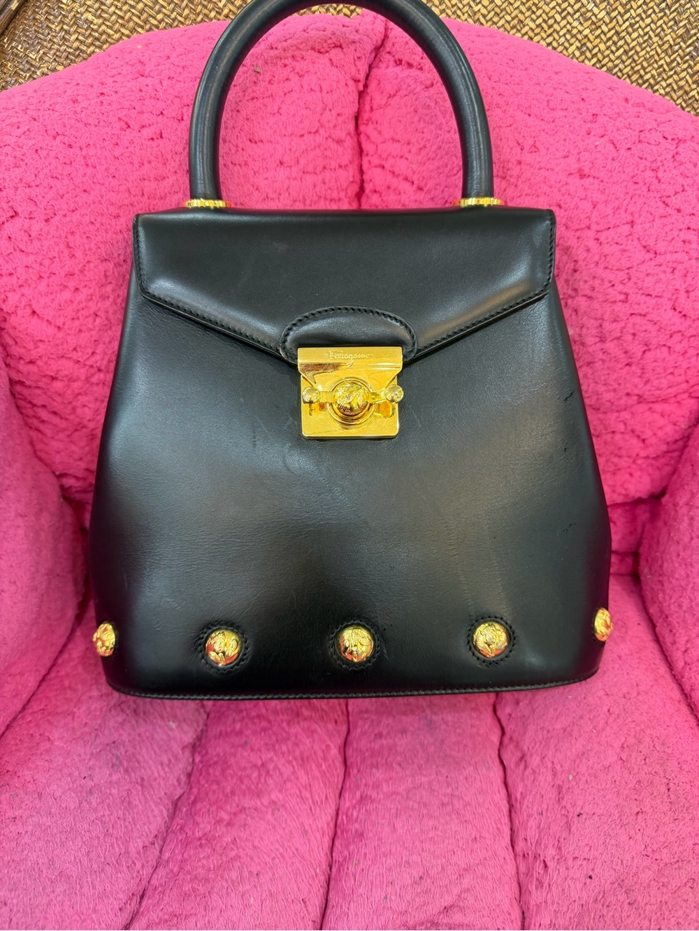 Salvatore Ferragamo Black Leather Top-Handle Bag with Gold Hardware